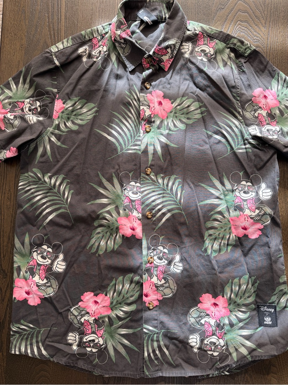 Disney Men's Dark Grey Tropical Print Button-Up Shirt with Pink Hibiscus